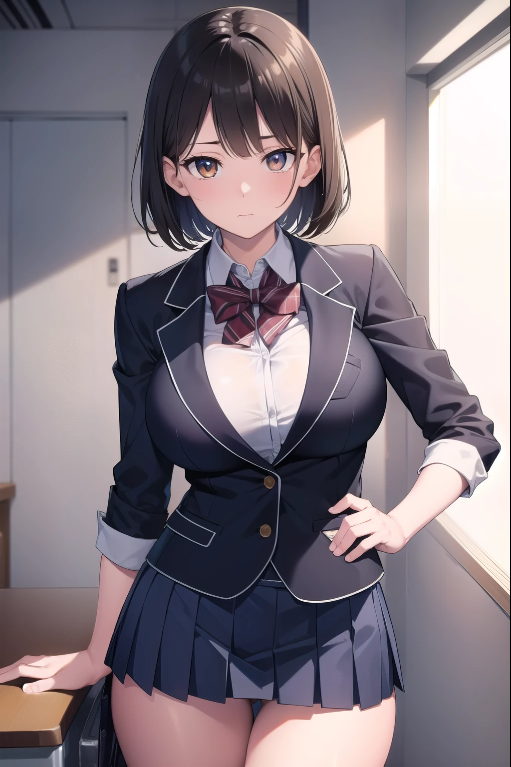 black hair, (brown eyes:1.5),  (shot hair:1.6), (turning around:1.6), 
BREAK blazer, blue skirt, jacket, otonokizaka , pleated skirt, , winter uniform, (short skirt:1.6), (micro skirt:1.6), (big breasts:1.6), (slender:1.4), (thong:1.6), 
BREAK looking at viewer,
BREAK indoors, classroom, 
BREAK (masterpiece:1.2), best quality, high resolution, unity 8k wallpaper, (illustration:0.8), (beautiful detailed eyes:1.6), extremely detailed face, perfect lighting, extremely detailed CG, (perfect hands, perfect anatomy),