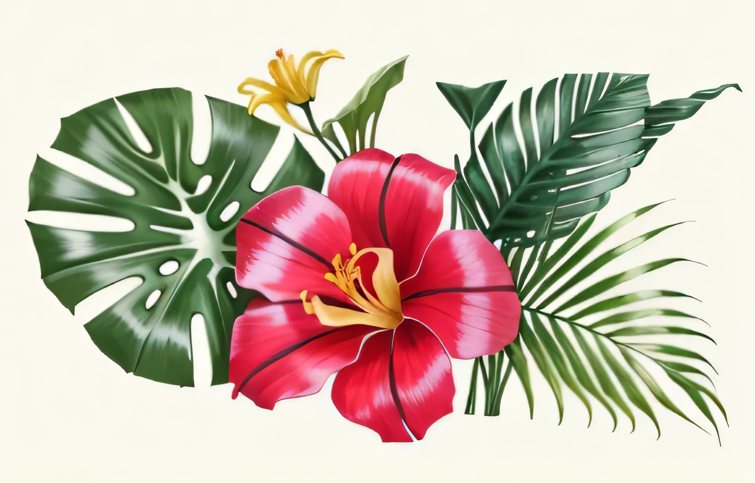 Two flowers and two leaves on a white background, tropical flowers, tropical flower plants, blooming tropical flowers, Made from flowers and leaves, tropical plants and flowers, beautiful tropical flowers, tropical plants, subtropical flowers and plants, Hibiscus, flowers and leaves, tropical leaves, With colorful flowers and plants, big exotic flowers, colorful tropical plants, tropical