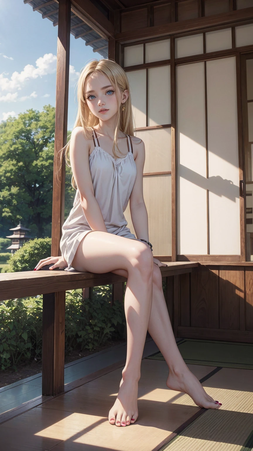 ((最high quality, 8K, masterpiece: 1.3, Ultra HD, high quality, 最high quality, High resolution, realism)) 、22 year old beautiful white woman、Hair color blonde、blue eyeedium hair、straight hair、smile、Slender but well-proportioned muscular body、Athlete-like body type、I don&#39;t want my head to disappear from the screen.、Wearing accessories on your wrist、Wearing red nail polish、I have a peticure、Sitting on the veranda of a Japanese house in the Japanese countryside、It&#39;s summer、Wind chimes are hung at the eaves、barefoot、Eating watermelon、A courtyard spreads out in front of the verandah.