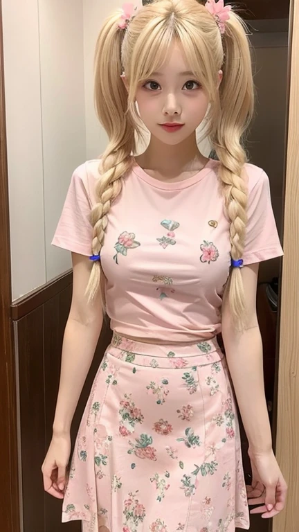 pink thin flower pattern T-shirt , medium breast , big breast , blonde long hair , skirt , twin tails hair