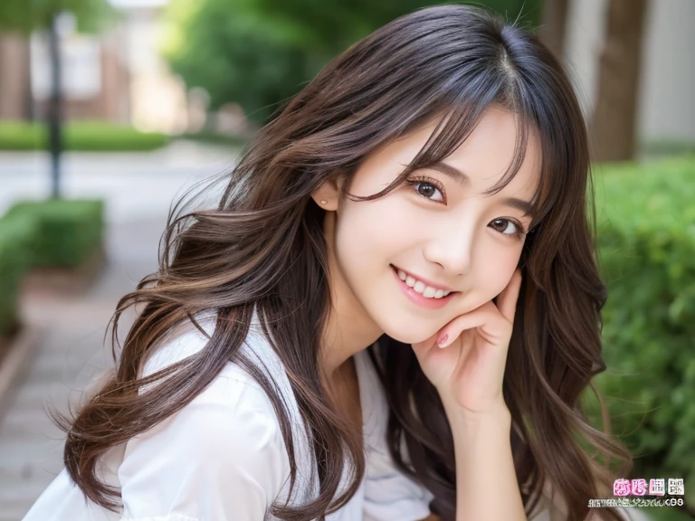 highest quality, shape, Super detailed, finely, High resolution, 8k wallpaper、(cute beautiful girl, High aesthetic sense, highest quality, masterpiece, very detailed:1.2), (software), break, は健康的な肌とかなりsmileの美しさ端正な顔と光沢のある唇、Slim and busty、It has a very detailed and beautiful silhouette., fair-skinned Japanese、Silky soft hair with long, loose perm、Trendy hairstyles in Harajuku、Brown hair leaning towards black、20 year old girl、sexy and cute、beautiful and detailed face、perfect and beautiful face,Big eyes、perfect and beautiful double eyelids、perfect and beautiful face、Feminine poses、beautiful and detailed face、smile, , short sleeve、Loafers、high socks、Full body wallpaper、少し恥ずかしそうなsmile