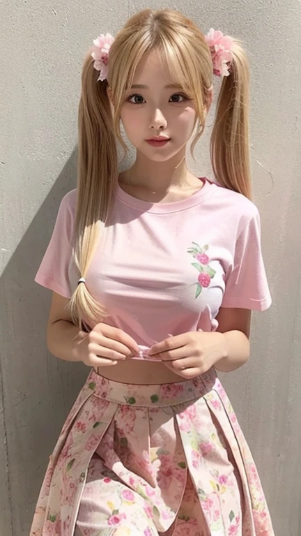 pink thin flower pattern T-shirt , medium breast , big breast , blonde long hair , skirt , twin tails hair