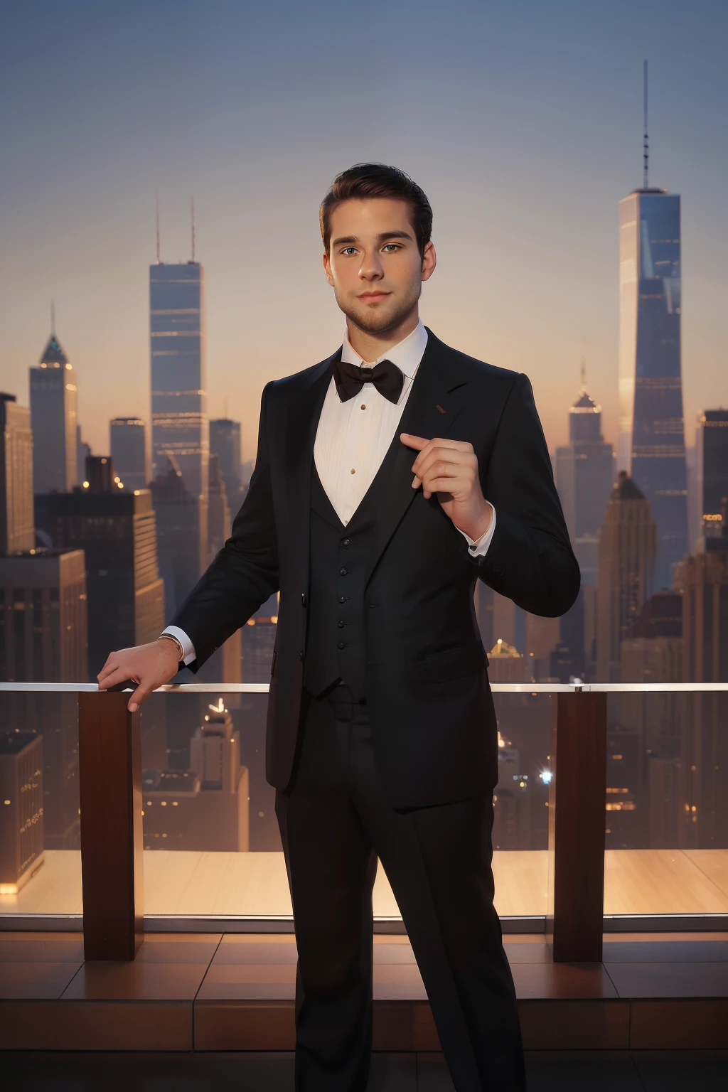 New York, 2014. A young ((((30-year-old)) Hank Mitchell)), tall, sturdy, square jawline, ((short beard)), piercing blue eyes, instrospective. Full body. New York skyline in the background. ((((elegant gala clothings from the 2010s)))), ((chestnut hairstyle of the 2010s))