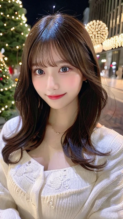 table top, highest quality, figure, Super detailed, finely, High resolution, 8k wallpaper, ダイナミックな構figure, detailed and beautiful eyes, Very gorgeous and elegant luxury dress winter clothes,medium hair,small breasts natural color lip, bold sexy pose,smile、20 year old girl、cute、sexy shot looking at camera,midnight,beautiful and detailed face,Elegant face,perfect and beautiful face,Slim your face and body,blur the background,A bright and colorful Christmas venue