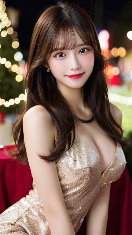 table top, highest quality, figure, Super detailed, finely, High resolution, 8k wallpaper, ダイナミックな構figure, detailed and beautiful eyes, Very gorgeous and elegant luxury dress winter clothes,medium hair,small breasts natural color lip, bold sexy pose,smile、20 year old girl、cute、sexy shot looking at camera,midnight,beautiful and detailed face,Elegant face,perfect and beautiful face,Slim your face and body,blur the background,A bright and colorful Christmas venue