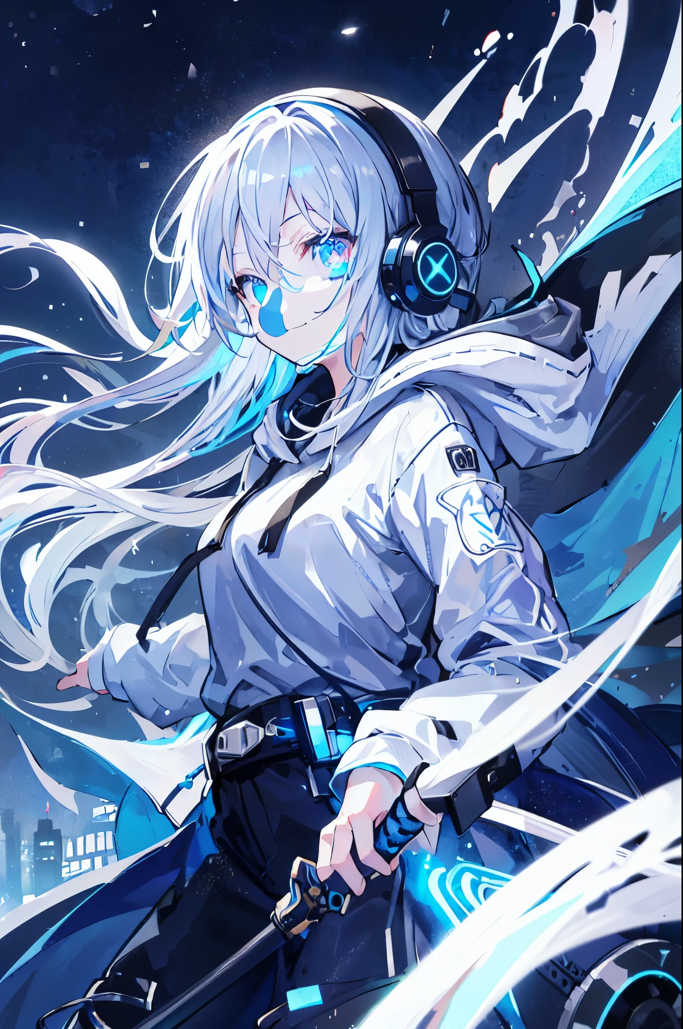 (best image quality), 1 girl, hoodie, hood, 2 2D, anime, night, city, masterpiece, headphone, light blue eye, silver hair, beautiful eye, rich expressive power, big smile, close ~ eye, have a sword