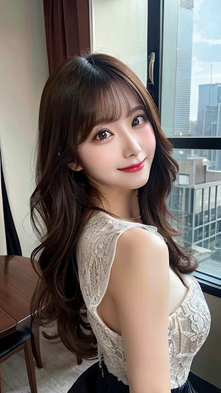 table top, highest quality, figure, Super detailed, finely, High resolution, 8k wallpaper, 完璧なダイナミックな構figure, detailed and beautiful eyes, dress,medium hair, middle of chest, natural color lip, random sexy poses,smile,tower apartment