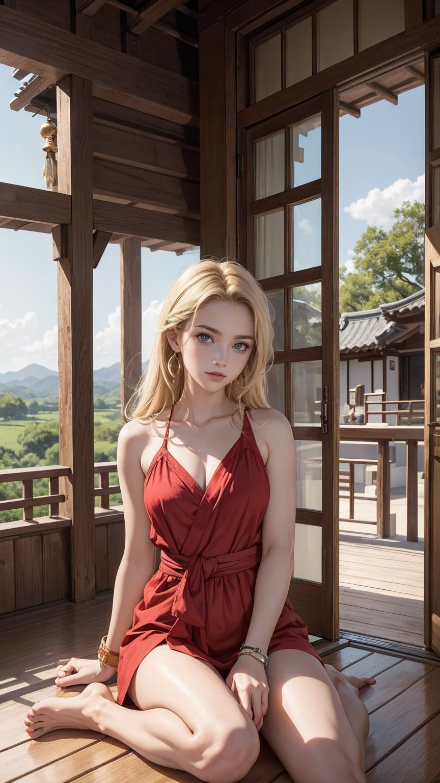 ((最high quality, 8K, masterpiece: 1.3, Ultra HD, high quality, 最high quality, High resolution, realism)) 、22 year old beautiful white woman、Hair color blonde、blue eyeedium hair、straight hair、smile、Slender but well-proportioned muscular body、Athlete-like body type、I don't want my head to disappear from the screen.、Wearing accessories on your wrist、Wearing red nail polish、I have a peticure、Sitting on the veranda of a Japanese house in the Japanese countryside、It's summer、A wind chime is hung in front of the eaves.、barefoot、Eating watermelon、A courtyard spreads out in front of the verandah.