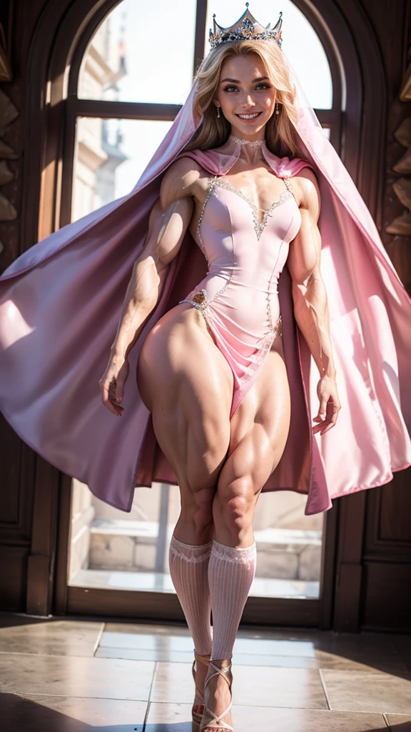 (Muscular:2.1), (thick thighs:2), 
(blonde female princess), (blue eyes), beauty mark, (pale skin), elf ears,
earrings, eyeshadow, lipstick, 
detailed eyes, (big smile:1.5), DETAILED SKIN, clean skin
(hard protruding nipples), (perky breasts),
choker, (pink elegant princess gown, tight sundress, veil, small cape:1.7), crown,
(upper body view:1.8), (looking at viewer), (three quarter view:1.2),
(luxurious castle), rim lighting, two tone lighting, dimly lit