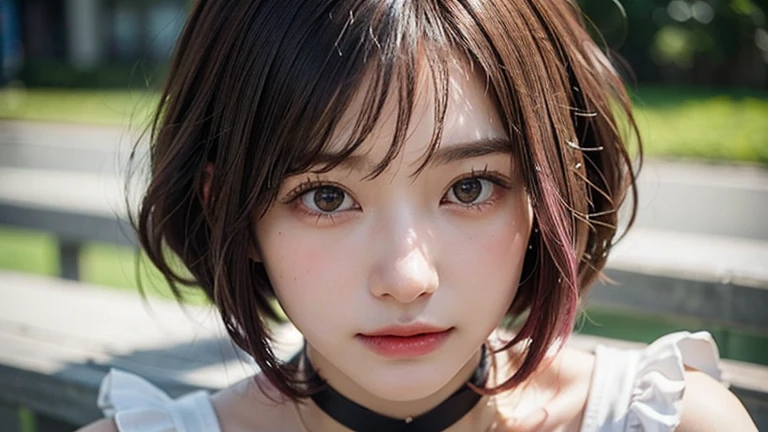 (bob cut hair, pink hair:1.2),(wearing a choker, wearing a blouse:1.2),1 girl,Japanese,21 years old,(small breasts:1.3),(highest quality,masterpiece:1.3,超A high resolution,),(Super detailed,caustics),(Photoreal:1.4,RAW shooting,)ultra-realistic capture,very detailed,High resolution 16K human skin close-up。 natural skin texture、,The pores are、、、、、、Must be detailed enough to be easily identified。 Skin should look even-toned and healthy。 Use natural light and color, sad expression, look at the camera, perfect dynamic composition, outdoor