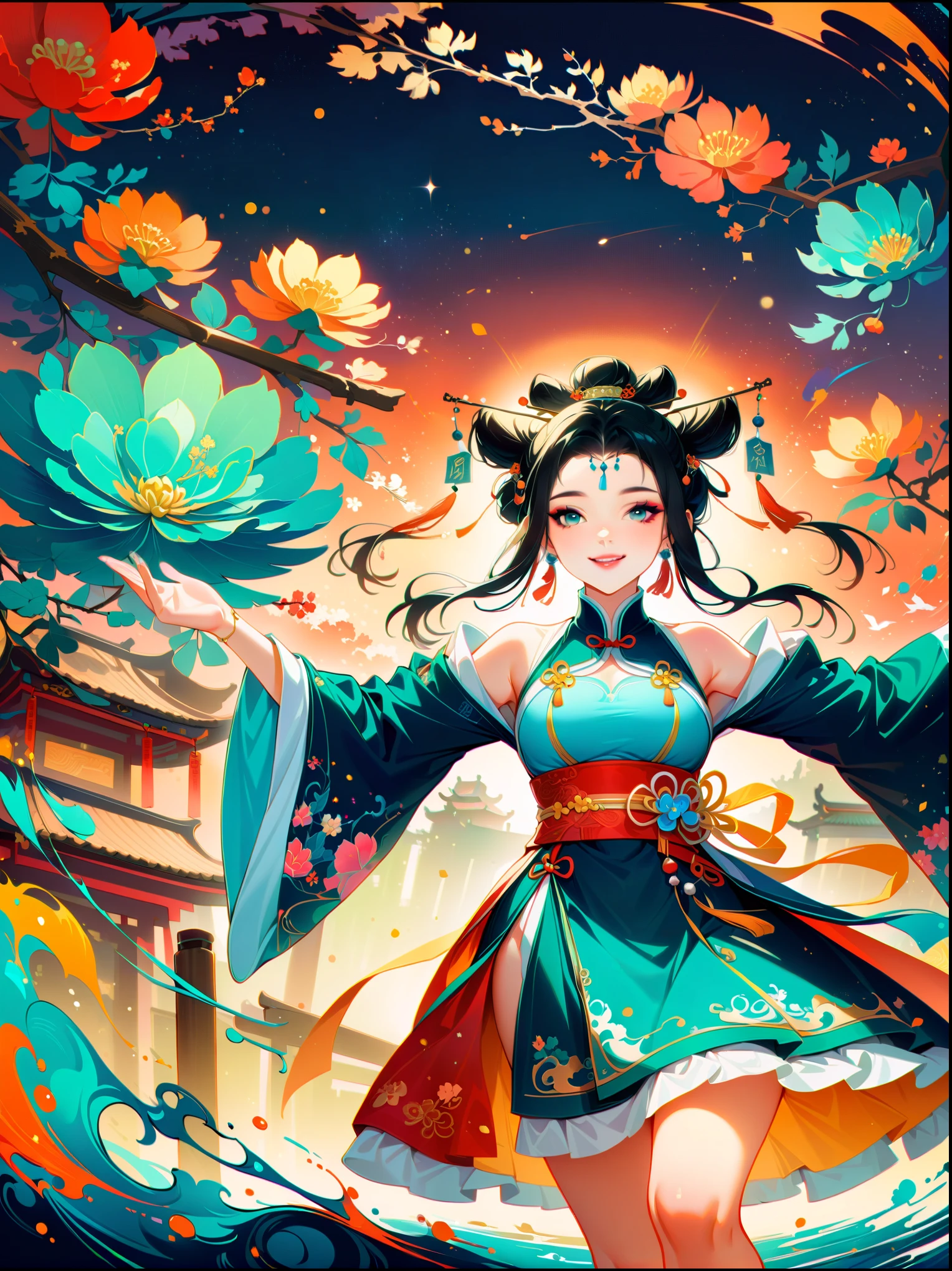 ((close shot)),Works of Chinese style ink masters,Princess of China,Yang Guifei,Tang Dynasty Hanfu,Skirt,Chinese garden,dance,Smile,Brilliant colors,Star-sparkled,gorgeous,Huafu,The ribbon flutters,Exquisite makeup,(first-person view, masterpiece, ccurate, anatomically correct, high details, best quality, 8k)