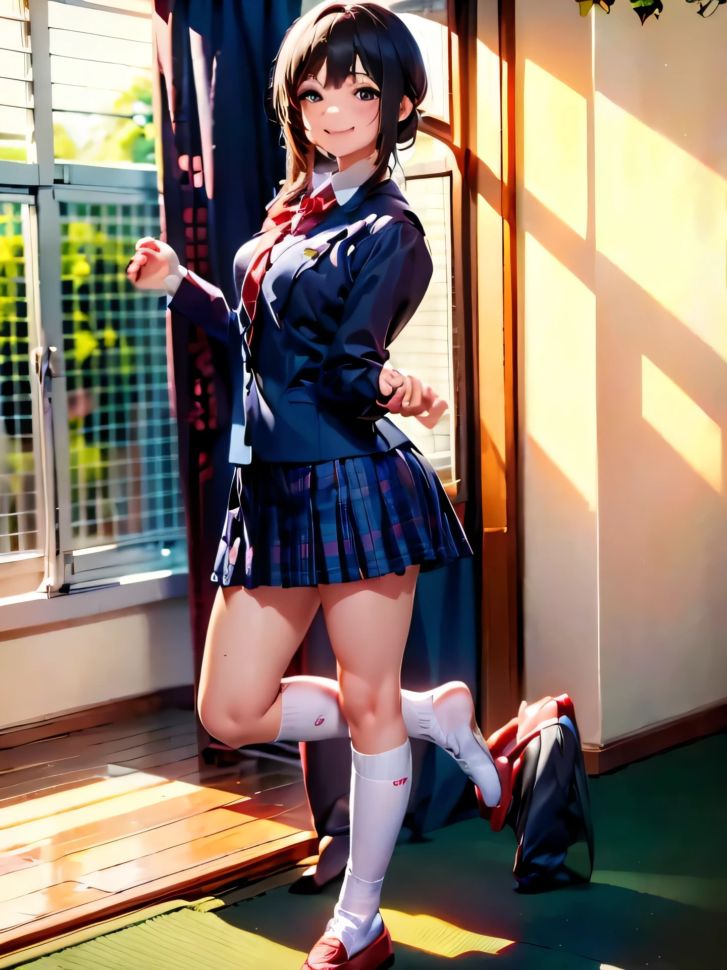 There is a woman wearing a school uniform and taking a photo., Photo of high school girl posing, wearing japanese , cute high school girl, japanese , japanese girl uniform, wearing skirt and high socks, dressed like a high school girl, wearing a , wearing , ayaka cosplay, surreal , Photographed with canon eos 5d
