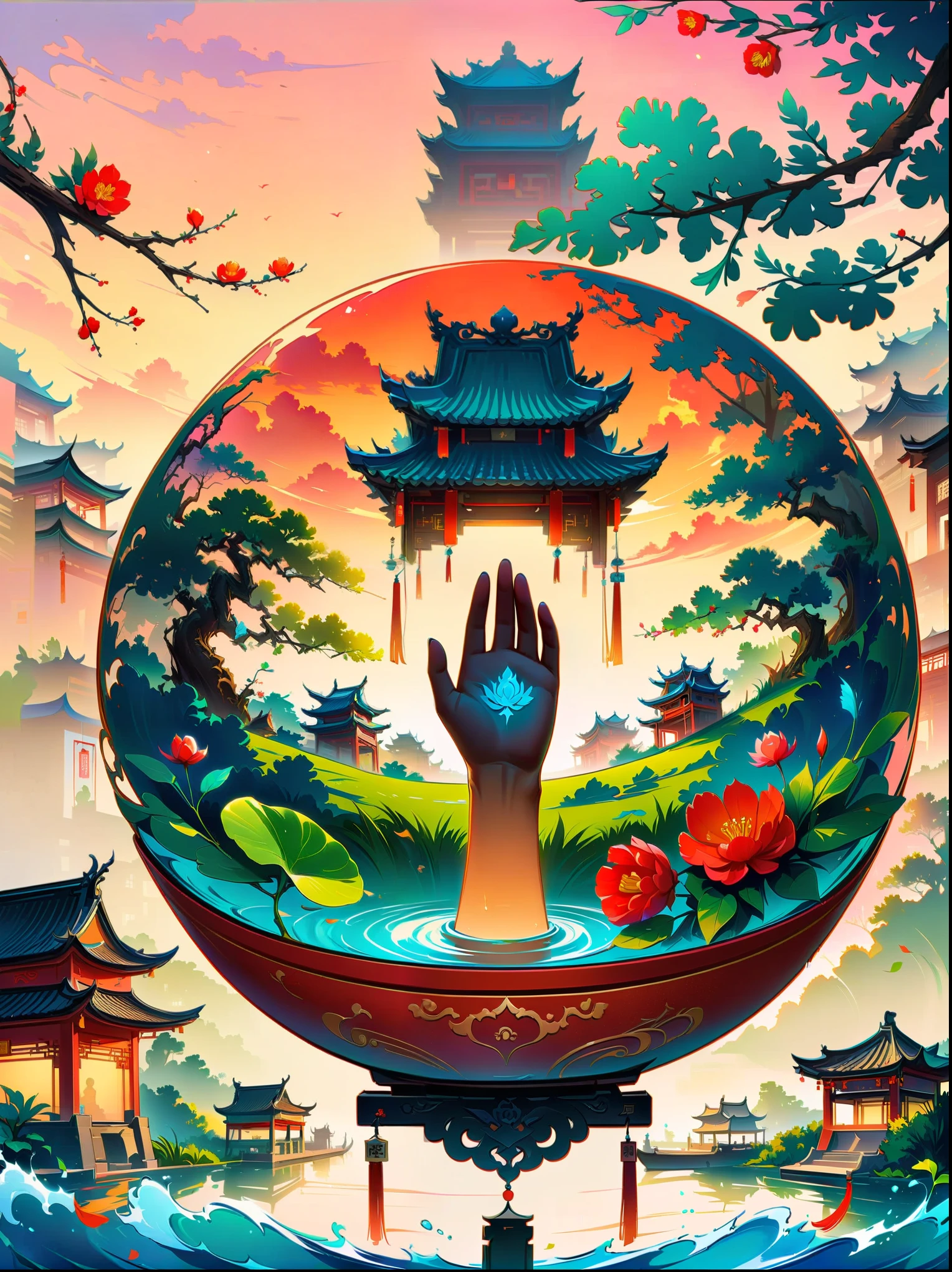 ((close shot))，Works of Chinese style ink masters，Leave blank space for ancient charm，Liu Danzhai，Box King，Suzhou gardens，green leaves，red flowers，New branches，sunset，(first-person view, masterpiece, ccurate, anatomically correct, high details, best quality, 8k)
