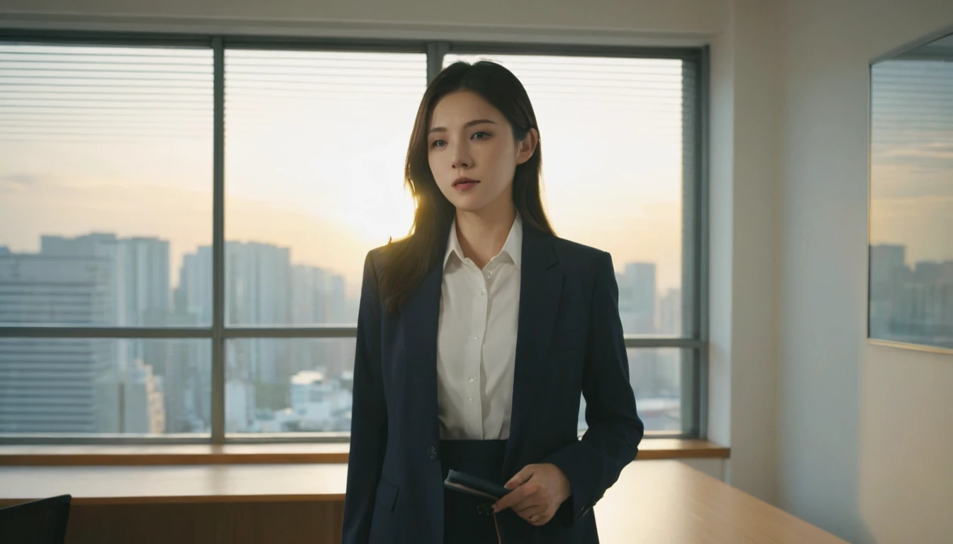 The camera moves around the office。Where、A woman wearing a suit is working hard。organize documents、I am doing input work on my computer.。Her expression shows concentration and determination.。 The camera switches to the back of the woman.、彼女が忙しい1日を過ごしているMr.子が描かれます。Mr.々The scenes of meetings and discussions continue.、she gave a presentation、I am having a discussion with my colleagues.。she is absorbed in work、people around you々I communicate smoothly with。 After the work is over、The camera cuts to a scene of the woman exiting the room.。She stands with a beautiful view of the sunset in the background、Take a deep breath。Her expression was relaxed.、I can feel that the stress of work has eased.。 The camera closes up on the woman&#39;s face.、Capture her beautiful expression。Her eyes are shining.、A smile spreads gently。She exudes confidence。 in the last scene、The camera captures the beautiful sunset and the woman&#39;s figure together.。While quiet music plays、A woman looks back on her day、新しい一日への希望を抱くMr.子が描かれます。She continues to have passion and drive for her work。
