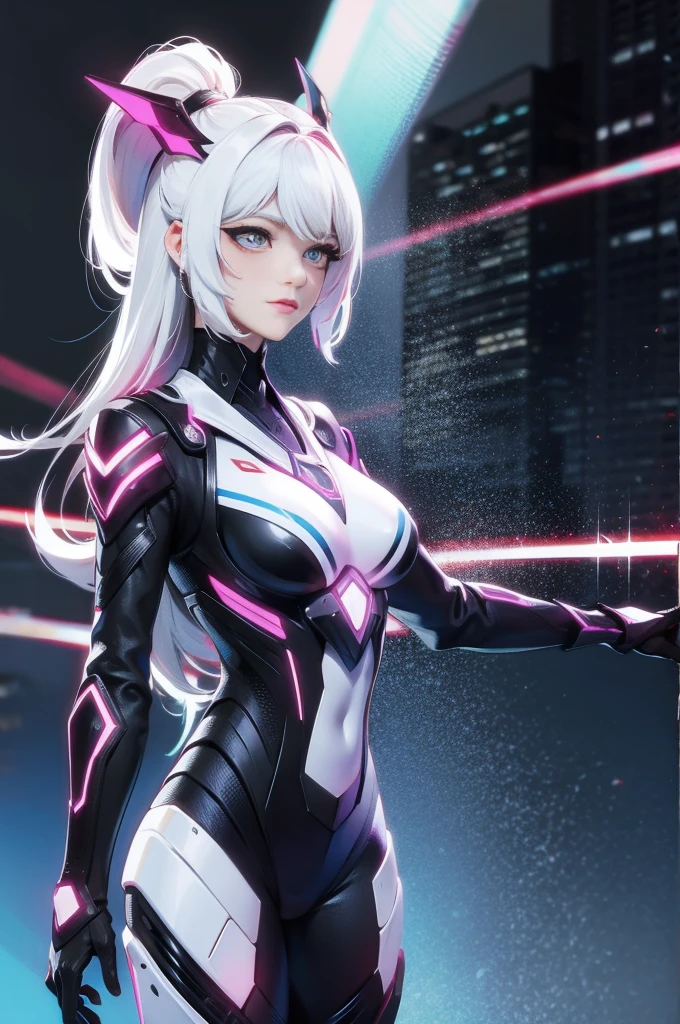 full body picture Unreal Engine 5 8K UHD of beautiful girl, white hair, wearing futuristic black tight battle suit, half face cyberpunk mask, futuristic neck collar, white light details, beauty makeup, best quality, masterpiece