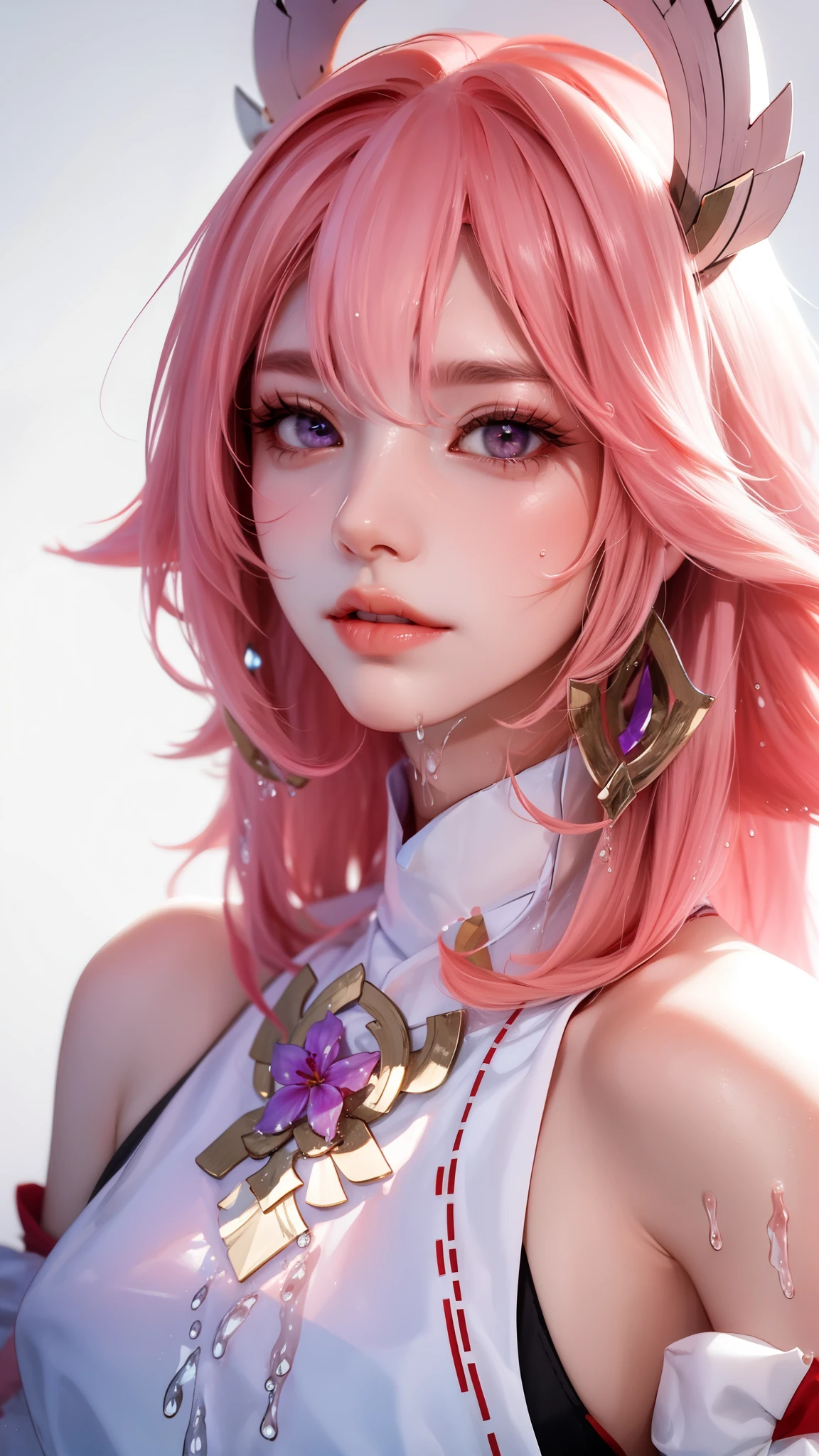 (((masterpiece))), (((portrait))), pink hair,long hair,headgear,purple eyes, diffuse light, Dynamic shadows, sharp focus, actual, detailed, high resolution, Ridiculous, white background, Not wearing, photoactual, lifelike, Wet all over, mascara, blush, sleeveless, youthful appearance, urine stains, White, armpit,Face full of water,water flowing on face,White viscous liquid on face