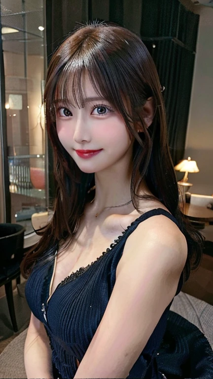 table top, highest quality, figure, Super detailed, finely, High resolution, 8k wallpaper, 完璧なダイナミックな構figure, detailed and beautiful eyes, dress,medium hair, middle of chest, natural color lip, random sexy poses,smile,tower apartment