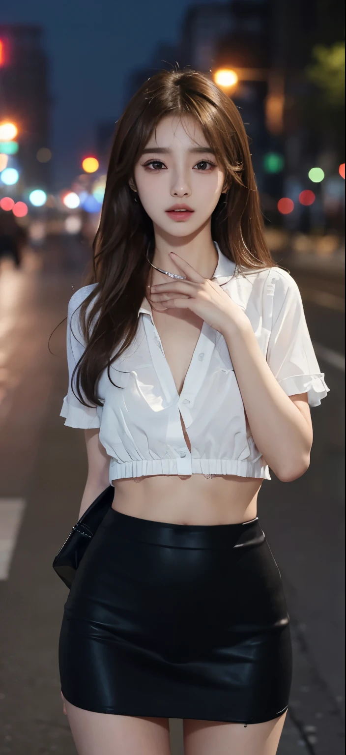 (Best Quality, 8K, Masterpiece, Ultra HD: 1.3), (K-Pop Idol: 1.5), 1 Pretty Girl, (Long brown Hair), Abs, Perfect Figure, Ultra Fine Face, Delicate Lips, Beautiful Eyes, Double Eyelids, Super fine hand, Super fine finger, Short skirt (Sultry) ((Aroused: 1.5)), Open shirt show , Detailed , on the streets city in night