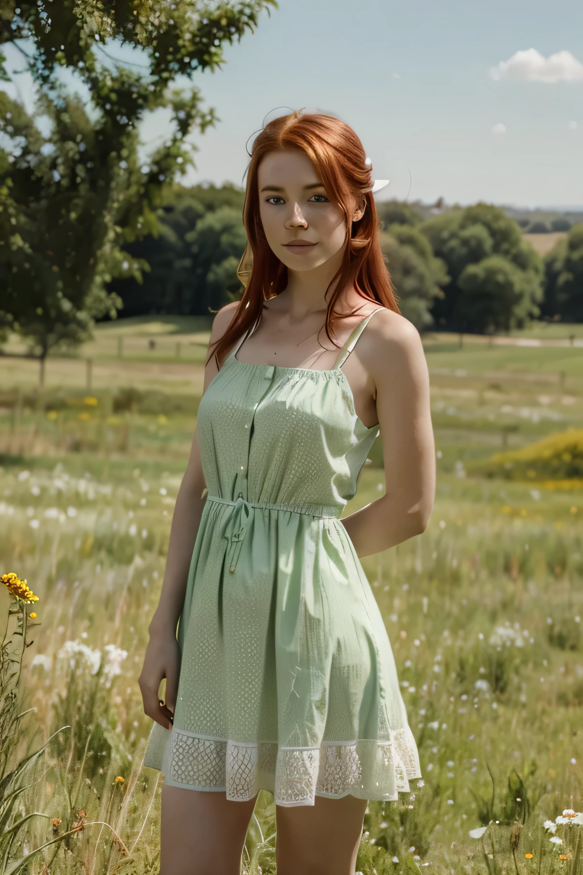 an Irish woman standing in a vibrant green field, ginger hair, green dress, kilkenny castle