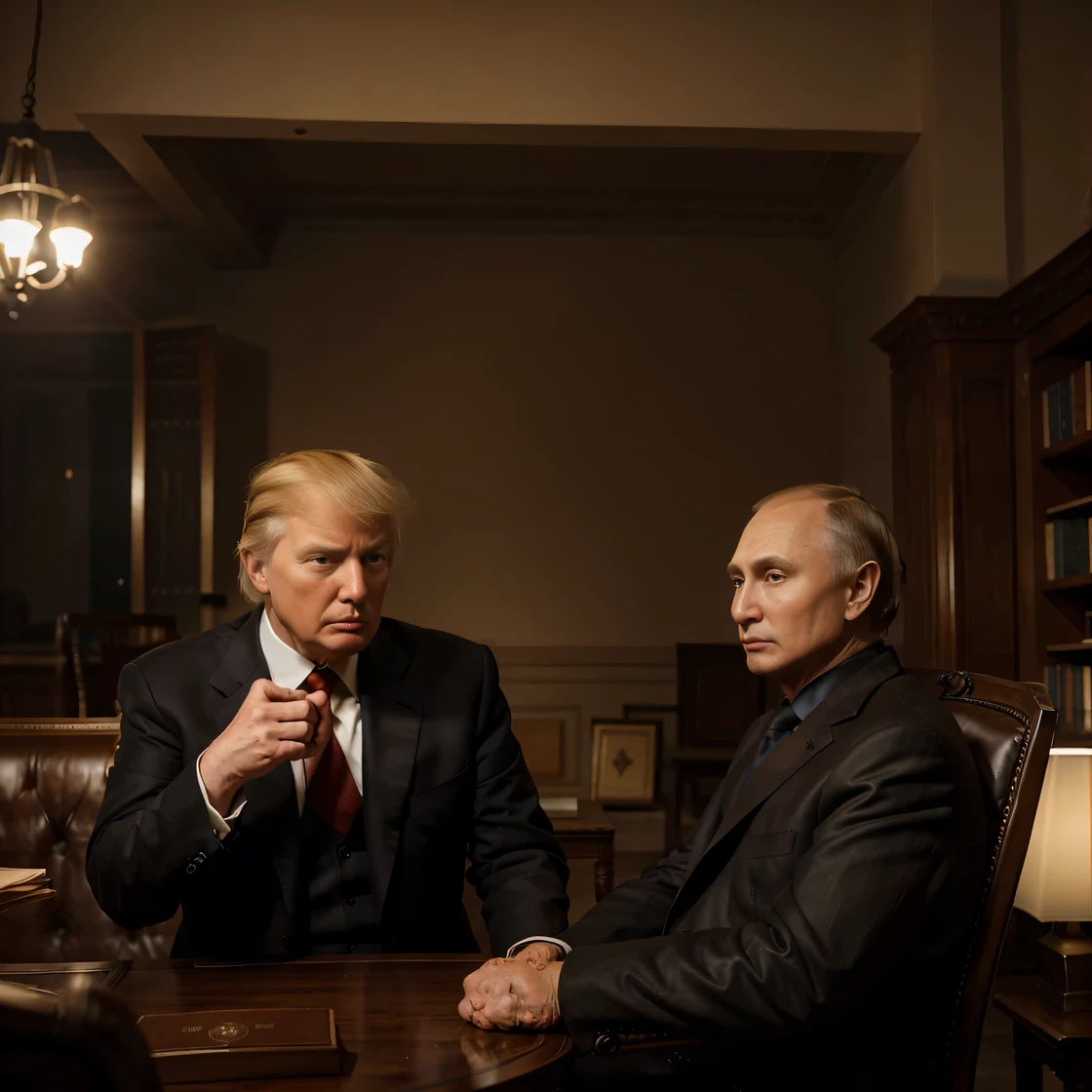 In the low-light library, Two men sitting on antique leather chairs, ((Donald Trump and Vladimir Putin)), Facing each other,Among them, There is a wooden table,The first man is an old old man, And the other is young, With an atmosphere of concentration in the discussion between them and a deep look, Wear a black suit, The young man smokes with a curious and enthusiastic expression, focus, Contrast lighting, delicate skin,Cinematic, HD , details , Realistic, Get to know a professional photo, soft lighting, highs quality, Best Quality,