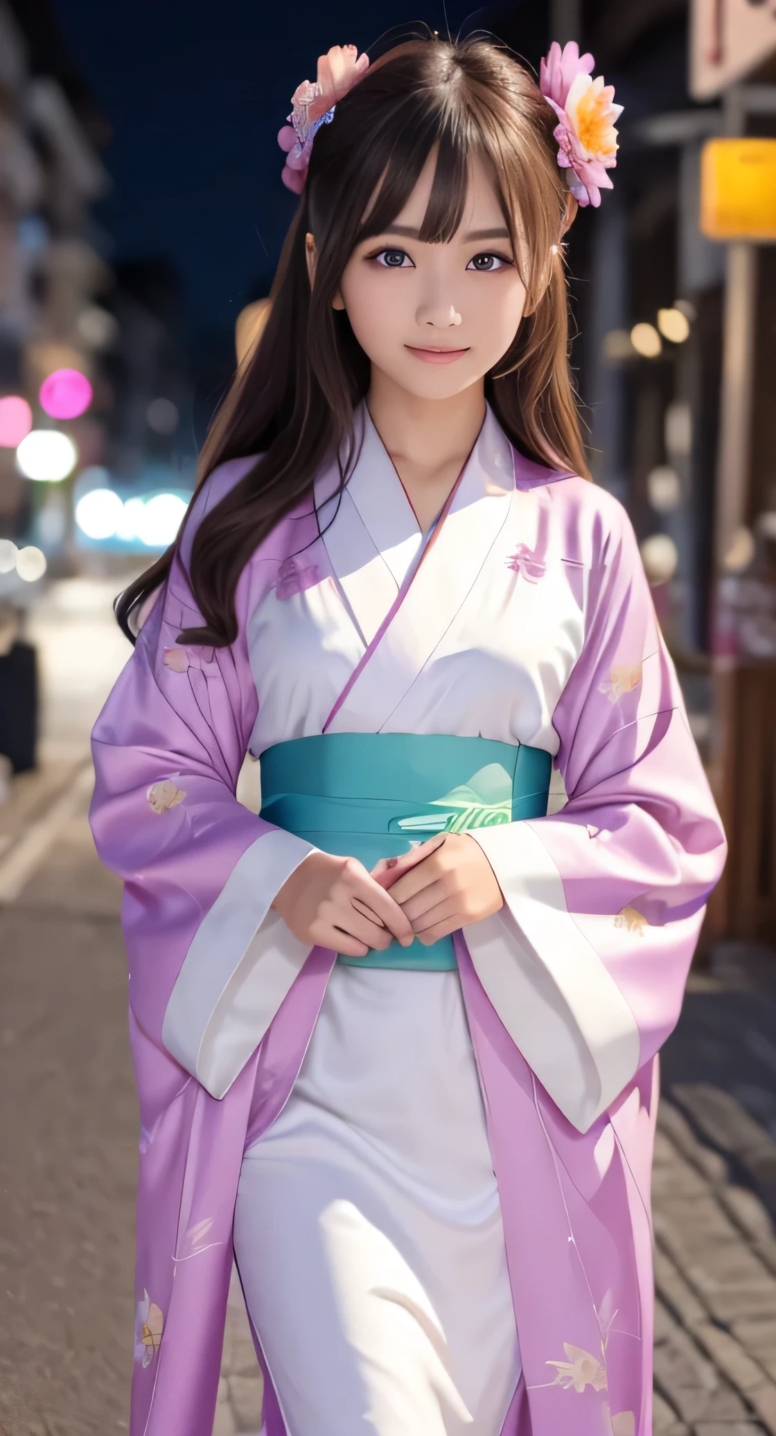 Angelic very beautiful cute young girl,
Beautiful detailed eyes, (12 yo:1.3),
Detailed double eyelids,
(Soft Saturation: 1.3), 
(Fair skin: 1.3),v-line jaw,
(Large eyes:1.4),
Long straight brown hair, 
see-through bangs,
Sharp Focus,
beautiful detailed face and eyes, 
drooping eyes,
small straight nose,
small mouth, 
happy smiling with visible teeth, 85mm lens, F/8.0,BREAK (Super gorgeous flashy colored long sleeves kimono:1.5),  (beautiful pine bamboo plum pattern furisode:1.3) , Walking,Brown hair ,(Costumes with strong reflective surfaces:1.3),
(Best Quality:1.2),
Raw photo, 
High resolution, 
perfect  detail, 
Professional Photography, 
Professional Lighting,
Powerful lighting of the costume,In the street