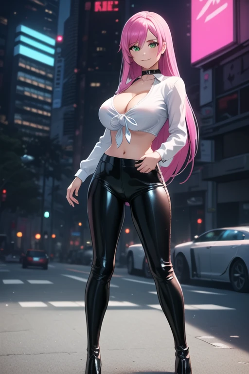 1 girl, 19 years old, Long pink hair, green eyes with slit pupils, master-piece, best quality, (standing up), (white shirt), (long sleeve white front-tie crop top, black leather pants, patent leather high heel boots, cleavage), (Big , ultra gigantic , Super super big, Glamorous body), Make eye contact with the camera, front figure, looking forward, (light_Smile:1.5), (Detailed hands and fingers:1.2) (Cyberpunk City), (FULL BODYSHOT), thighs thighs thighs thighs、beauty legs、Bare legs