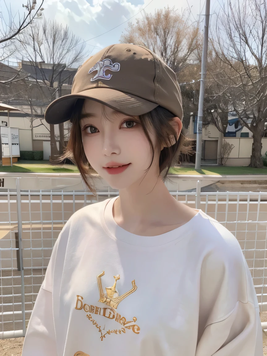 Best image quality、original photo、ultra high resolution、21 years old Korean、small breasts、dynamic angle、Cowboy shooting、The most beautiful form of chaos、elegant、Innovative design、bright colors、,light brown short hair、disheveled hair、light brown eyes 、black baseball cap(Facial expressionSmile)、short bob、Smile、Fair and shiny skin、beautiful eyes,random colors、The details are very beautiful、thin lips、Delicate beautiful eyes、elongated eyes、pale pink cheeks、long eyelashes、beautiful double eyelids、eye shadow、he、White big T-shirt sweatshirt、baggy pants、Shot from the side、sexy pose、enlarge