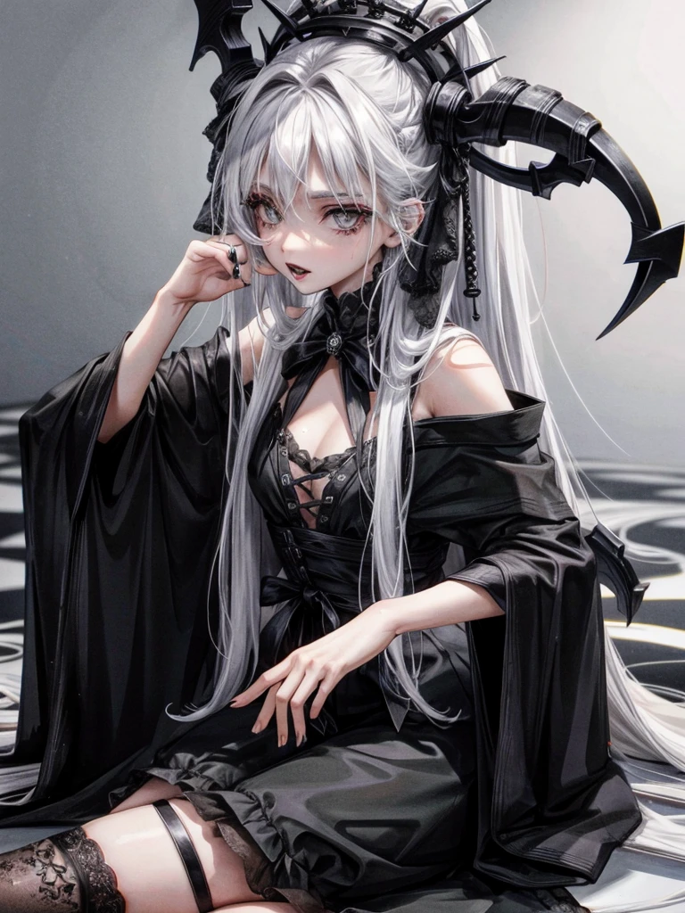 Masterpiece, best quality, high quality, ultra detailed, 1girl, looking at viewer, white hair, gray eyes, black lipstick, black shirt, sitting on a white floor, demon girl, gothcore, 1 7 -  - old,th girl, japanese gothic, gothic punk style, black metal style, hands on head