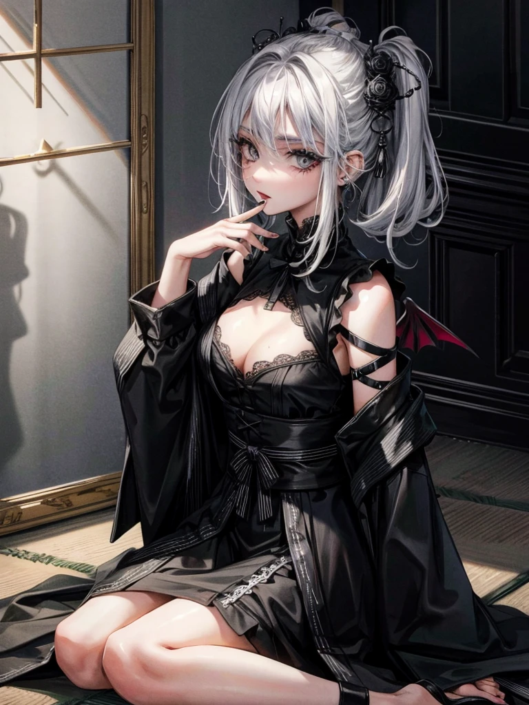 whole body, old mansion, vampire, sharp fangs, absurdres, RAW photo, extremely delicate and beautiful, masterpiece, Best Quality, ultra high resolution, 32k, hyperrealistic, ultra-detailed, perfect figure, detailed description, pale skin, 20 years old, detailed beautiful face and eyes, tearful mole, earring, short medium hair, wavy hair,