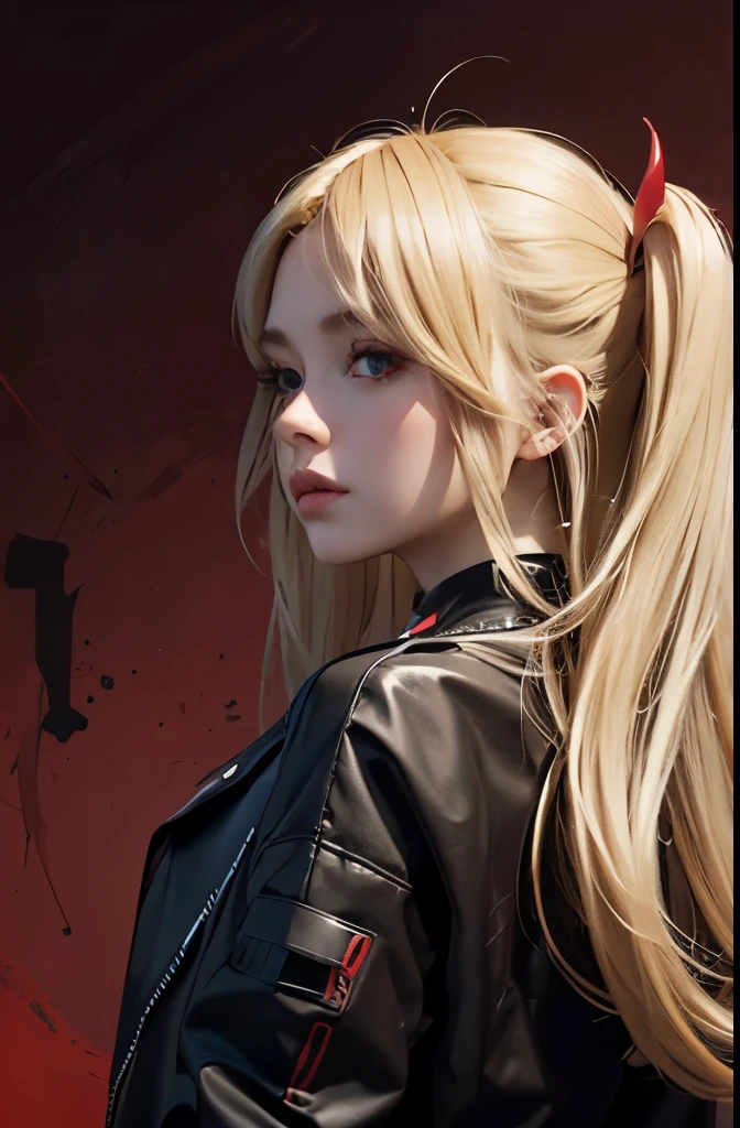 Make a profile picture of a girl with blonde medium length hair, dark tech wear clothes, devilish look, red background, black painted wings