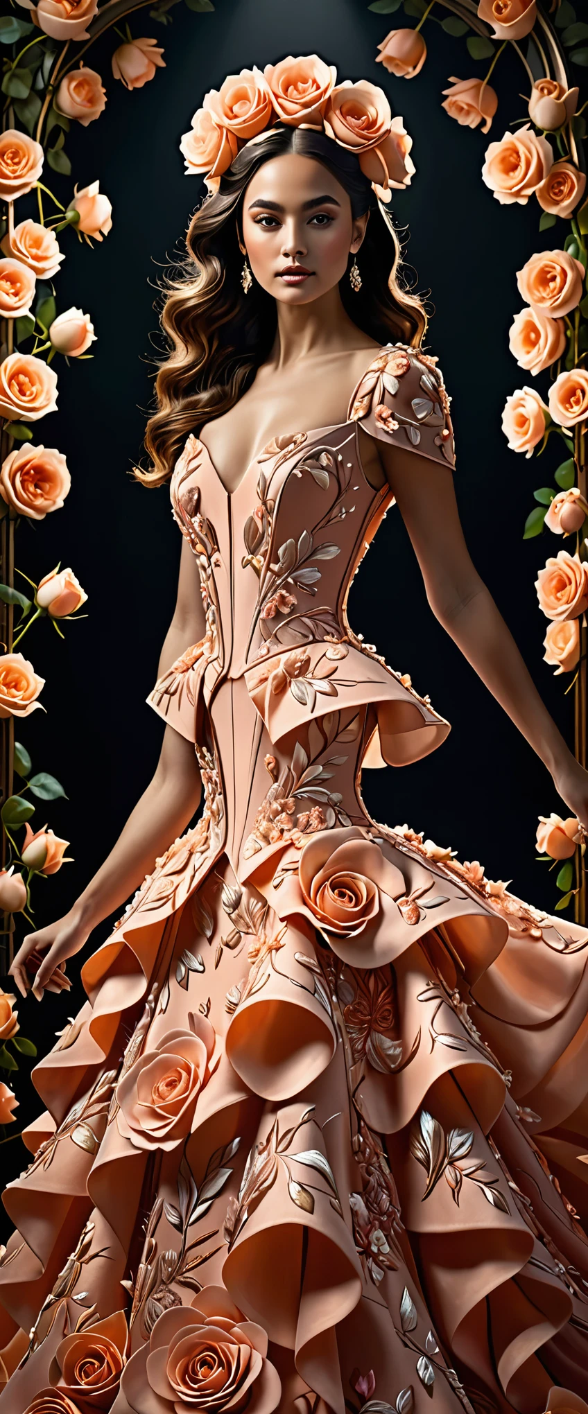 Masterpiece, high quality, queen of the rose flowers kingdom, beautiful female wearing flower suit, a haute couture dress of rose flowers and its petals, curvy features, costume design, octane render, supernatural grandeur, ethereal translucent layers, shimmering natural layers, majestic flowing, timeless sophistication, enigmatic aura, detailed and nuanced brushstrokes, dramatic chiaroscuro lighting, deep tones of peach color, luxurious velvety shadows, luminescent outlines, atmospheric depth, artistic finesse, reminiscent of da Vinci's masterful techniques, natural ornaments, dress flowing like flower petals, whispering enigmas of future eras, avant-garde, a dream, subtle texture, Shot on a Hasselblad medium format camera with a prime lens. Unmistakable to a photograph. Cinematic lighting. Photographed by an award winning photographer, insanely detailed and intricate, hyper maximalist, elegant, dynamic pose, photography, volumetric, ultra-detailed, intricate details, super detailed, ambient, uplight --ar 9:16 --style raw --v 6.0