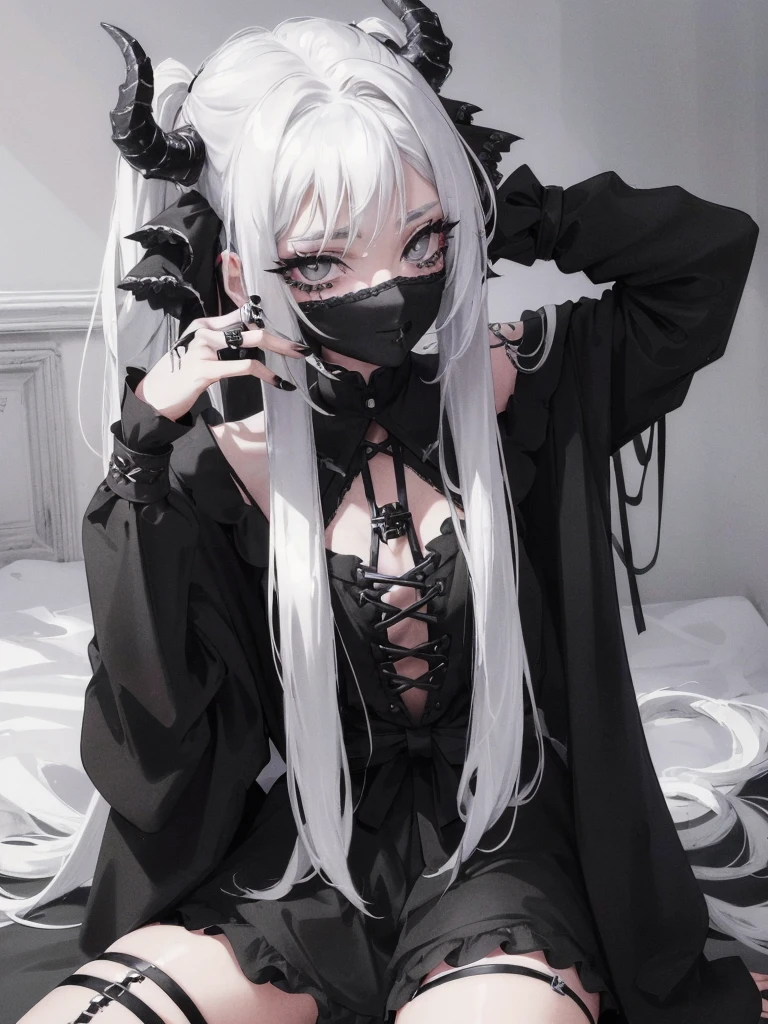 Masterpiece, best quality, high quality, ultra detailed, 1girl, looking at viewer, white hair, gray eyes, black lipstick, black shirt, sitting on a white floor, demon girl, gothcore, 1 7 - - old,th girl, japanese gothic, gothic punk style, black metal style, hands on head