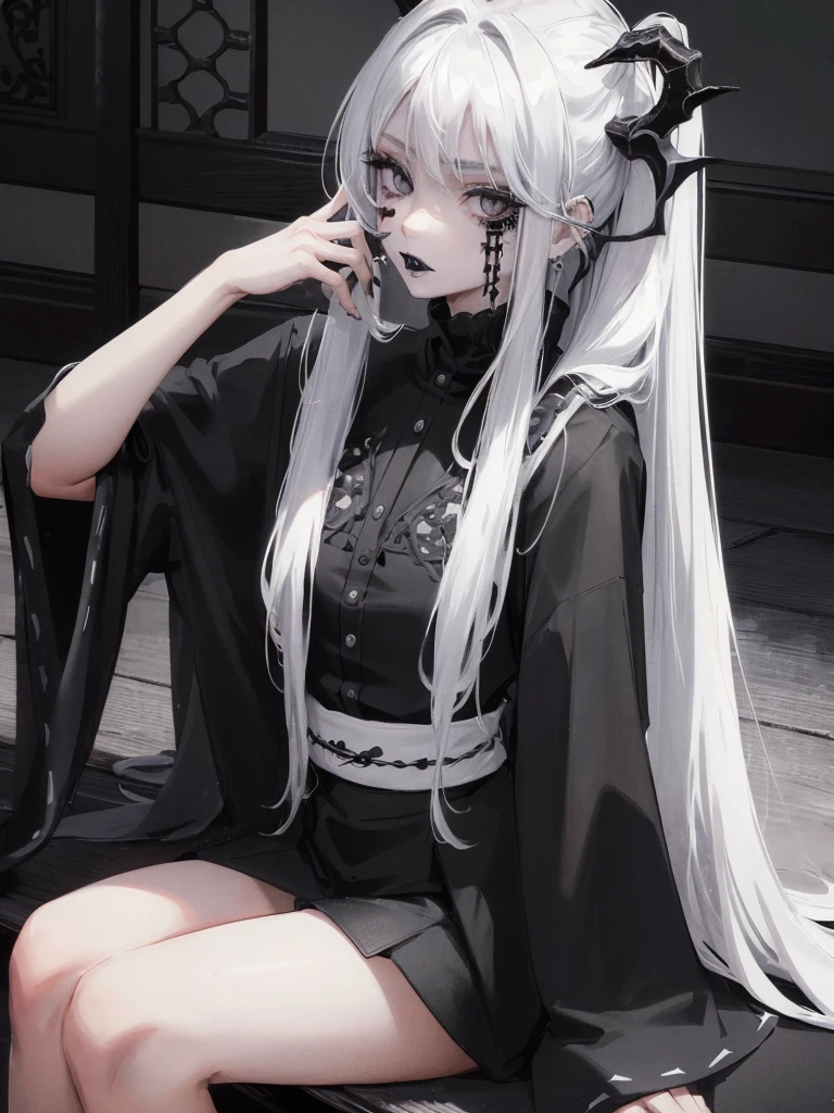 Masterpiece, best quality, high quality, ultra detailed, 1girl, looking at viewer, white hair, gray eyes, black lipstick, black shirt, sitting on a white floor, demon girl, gothcore, 1 7 - year - old, goth girl, japanese gothic, gothic punk style, black metal style, hands on head