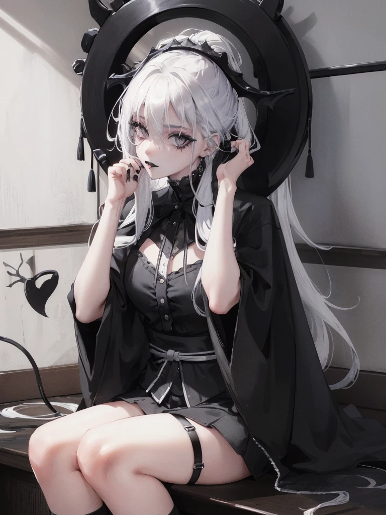 Masterpiece, best quality, high quality, ultra detailed, 1girl, looking at viewer, white hair, gray eyes, black lipstick, black shirt, sitting on a white floor, demon girl, gothcore, 1 7 - - old,th girl, japanese gothic, gothic punk style, black metal style, hands on head