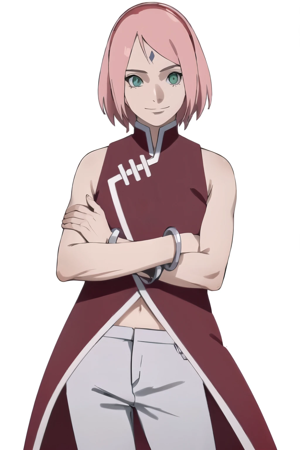 masterpiece, upper body view, (white simple background), anime style, very high resoloution,1girl, haruno sakura,forehead mark, red hairband, red sleeveless dress, white pants,navel,   groin, standing, bracelet, looking at viewer, crossed arms, smile, floating hair, 