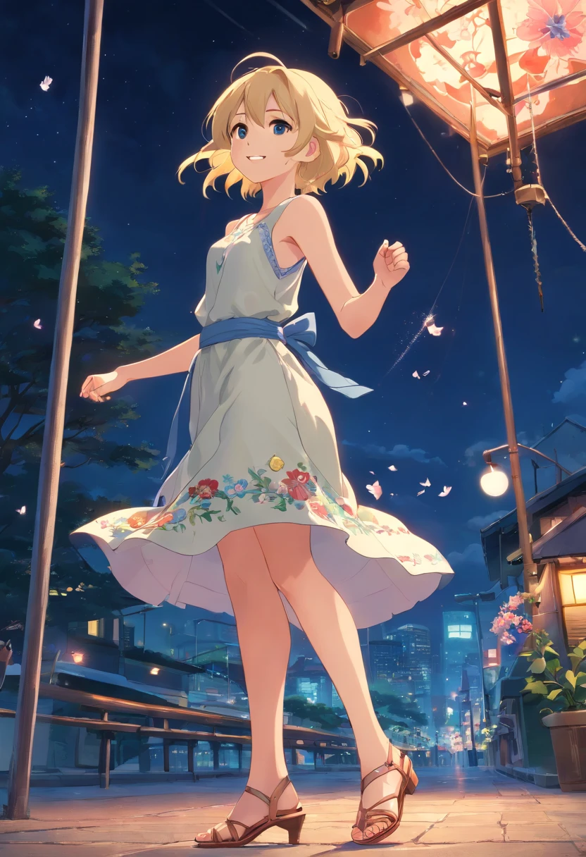 17 year old blonde woman, ojos azules, Her hair covers part of her thin face, dressed in a linen dress with embroidered flowers and high-heeled sandals, she takes a swing at night, smile mischievously.