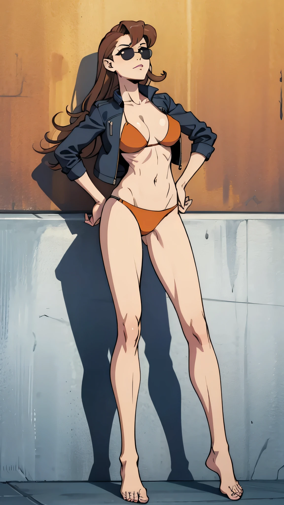 Masterpiece, best quality, Masterpiece, best quality, 1 woman, wavy brown hair, sunglasses , sly face , bikini , leather jacket , abdomen, big breasts , Long legs , Barefoot , stand on your hips , wall , building