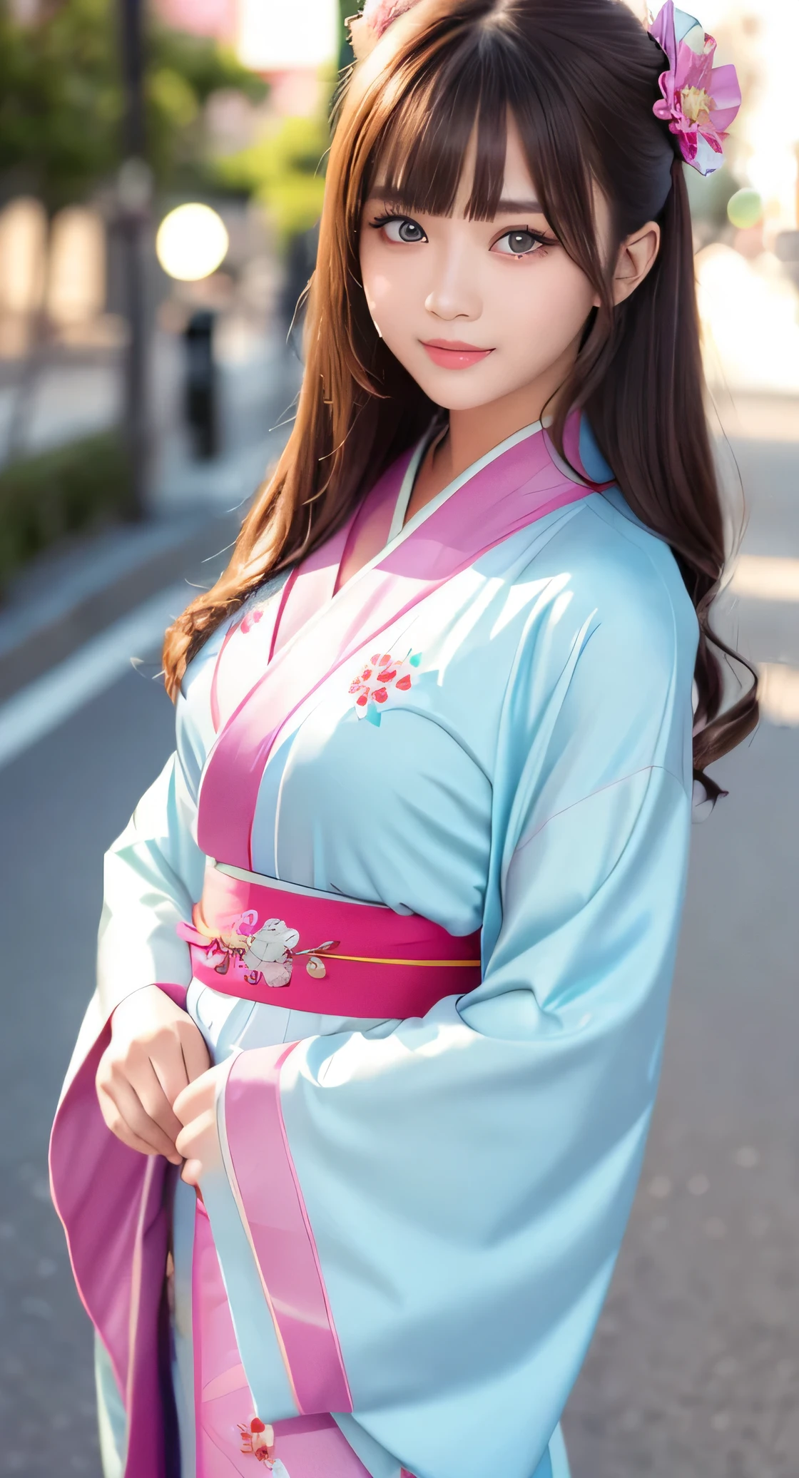 Angelic very beautiful cute young girl,
Beautiful detailed eyes, ( yo:1.3),
Detailed double eyelids,
(Soft Saturation: 1.3),
(Fair skin: 1.3),v-line jaw,
(Large eyes:1.4),
Long straight brown hair,
see-through bangs,
Sharp Focus,
beautiful detailed face and eyes,
drooping eyes,
small straight nose,
small mouth,
happy smiling with visible teeth, 85mm lens, F/8.0,BREAK (Super gorgeous flashy colored long sleeves kimono:1.5), (beautiful classical pattern furisode:1.3) , Walking,Brown hair ,(Costumes with strong reflective surfaces:1.3),
(Best Quality:1.2),
Raw photo,
High resolution,
perfect detail,
Professional Photography,
Professional Lighting,
Powerful lighting of the costume,In the street