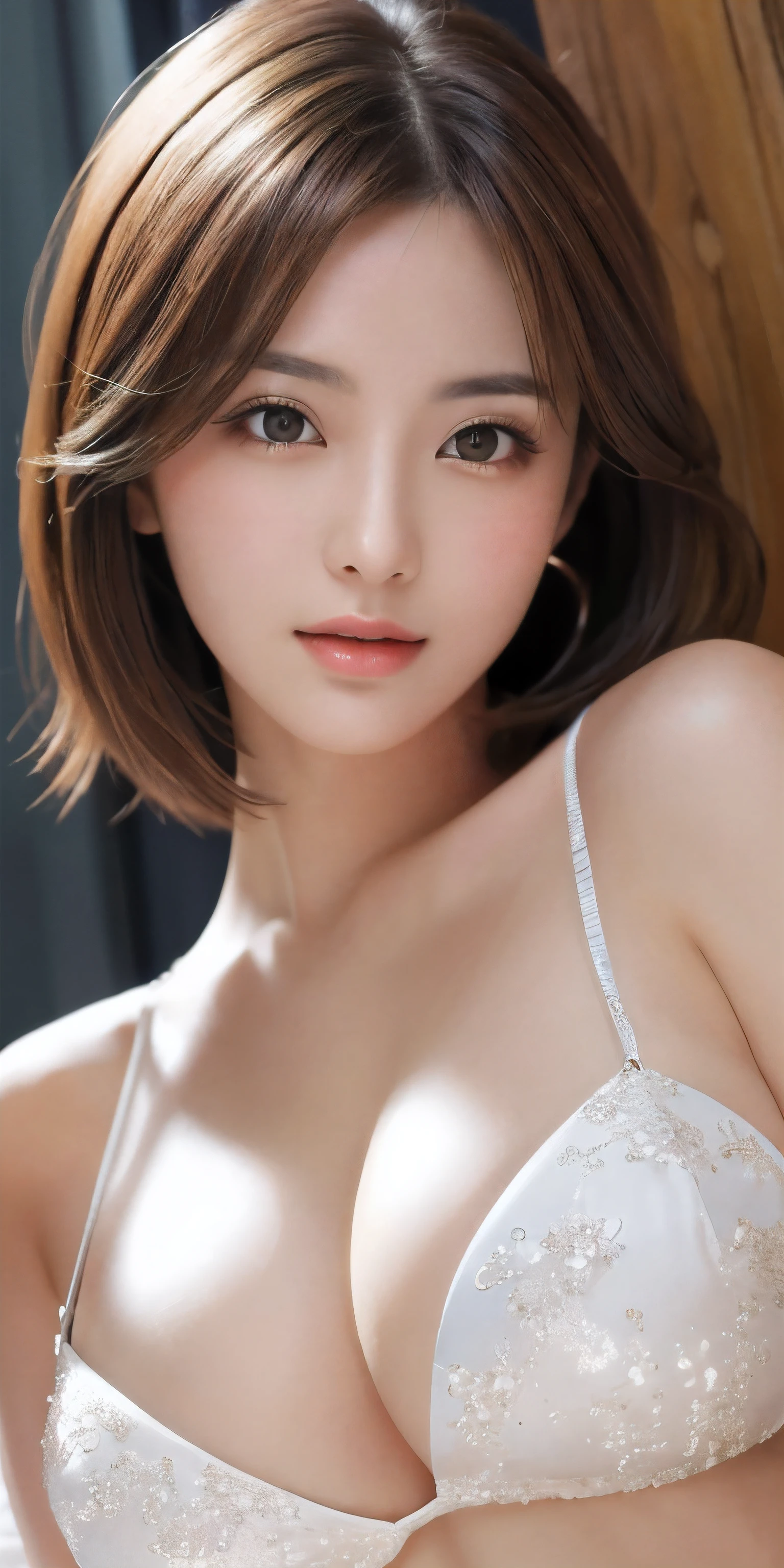 masterpiece、highest quality、High resolution、table top、wallpaper、realistic、bright lighting、professional lighting、face light、smooth lighting、japanese woman、adult、Beautiful woman、action、gravure、sexy、poor、super beautiful、beautiful skin、beautiful and detailed eyes、detailed face、slim、moderately、short hair、brunette colored hair、brown eyes、look at the camera、I have a sax、big breasts、cleavage