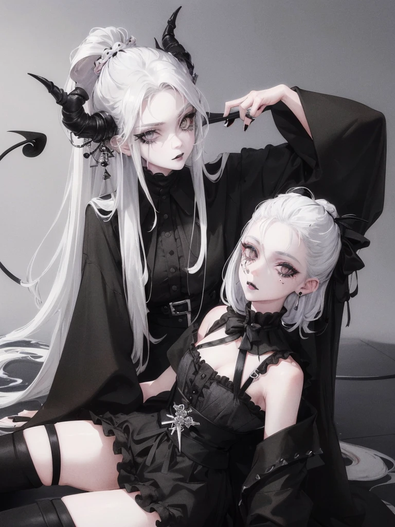 Masterpiece, best quality, high quality, ultra detailed, 1girl, looking at viewer, white hair, gray eyes, black lipstick, black shirt, sitting on a white floor, demon girl, gothcore, 1 7 - - old,th girl, japanese gothic, gothic punk style, black metal style, hands on head