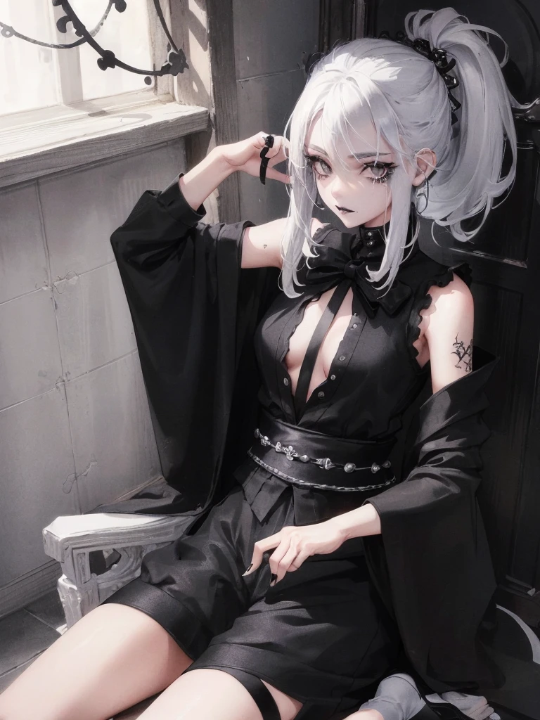 Masterpiece, best quality, high quality, ultra detailed, 1girl, looking at viewer, white hair, gray eyes, black lipstick, black shirt, sitting on a white floor, demon girl, gothcore, 1 7 - year - old, goth girl, japanese gothic, gothic punk style, black metal style, hands on head