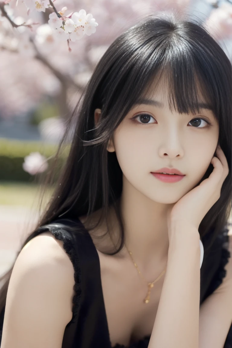 (((masterpiece, highest quality, Super detailed))), 1 female, (((very thin body))) , (((length, thin legs))), (((black hair, thick and fluffy bangs ))), (((highly detailed face))), cosmetics free, small and thin nose, small thin mouth, (((Very sharp focused eyes))), Japanese, beautiful face, (lifelike face), beautiful hairstyle, realistic eyes, fine and beautiful eyes, (real looking skin), beautiful skin, charm, ultra high resolution, surreal, high detail, golden ratio, (detail makeup:1.2), simple black camisole dress,shot from below,night background,weeping cherry blossoms