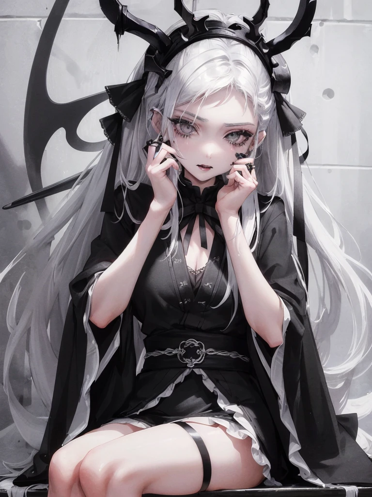 Masterpiece, best quality, high quality, ultra detailed, 1girl, looking at viewer, white hair, gray eyes, black lipstick, black shirt, sitting on a white floor, demon girl, gothcore, 1 7 - year - old, goth girl, japanese gothic, gothic punk style, black metal style, hands on head