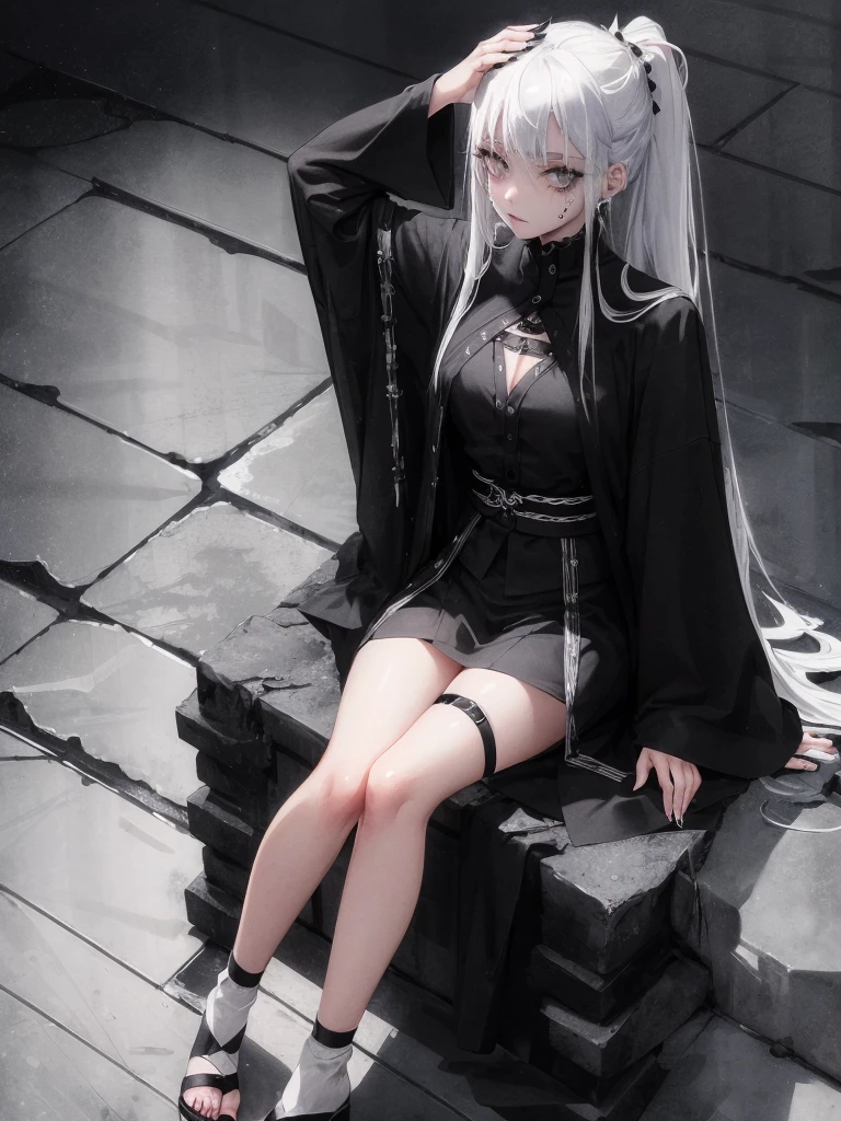 Masterpiece, best quality, high quality, ultra detailed, 1girl, looking at viewer, white hair, gray eyes, black lipstick, black shirt, sitting on a white floor, demon girl, gothcore, 1 7 - year - old, goth girl, japanese gothic, gothic punk style, black metal style, hands on head