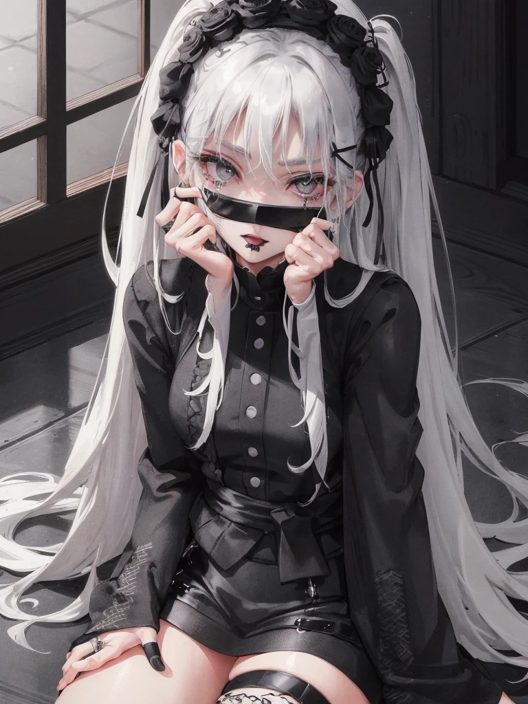 Masterpiece, best quality, high quality, ultra detailed, 1girl, looking at viewer, white hair, gray eyes, black lipstick, black shirt, sitting on a white floor, demon girl, gothcore, 1 7 - year - old, goth girl, japanese gothic, gothic punk style, black metal style, hands on head