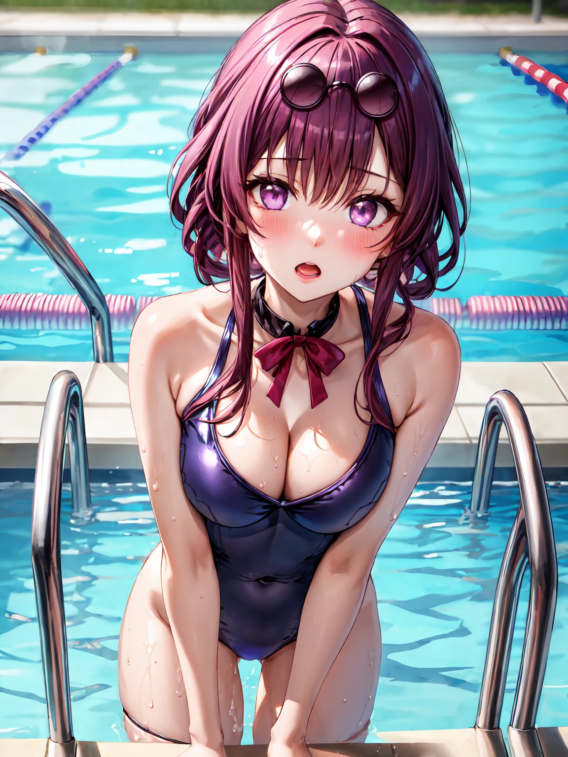 Masterpiece ,best quality , high resolution , ultra detail , colorful , soft light , mild light , sunlight , shinny , (perfect fingers , Detailed fingers, perfect hands) , (1 girl solo:1.38) , (sunglasses, eyeweard on head, purple hair, purple eyes ,neck-ribbon , hairband) , (bare shoulder , bow , chocker , school swimming suit , one-piece-swimming suit ) , armband, thigh strap ) , (standing , leaning forward:1.25 ) , ( , (cleavage:1.3) , (medium breast:1.3) , (outdoor , swimming pool , water pool , sky , cloud ) , ( full face blush , shy , open mouth:1.24 ) , (middle length shot:1.2 , knee_up-shot , close view , near shot) , (face viewer , look at the viewer ,front view , from front:1.2)
