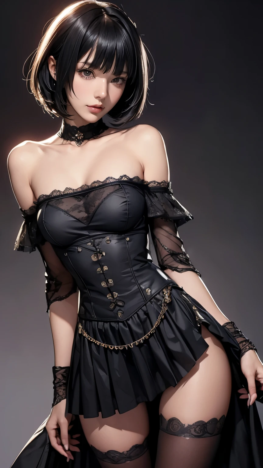 (((masterpiece, best quality, super detailed))), 1 female, (((Very thin body))) , (((length, thin legs))), (((black short bob, Thick and fluffy bangs ))), (((The facial details are very rich))), no cosmetics, The nose is small and thin, Thin mouth and small lips, (((Eyes are very sharp and focused))), Precise light grey eyes,There is a big gap, Sparkle like a jewel, length eyelashes, ((Highly decorative and complex mechanical steampunk fashion, lace flare miniskirt, Above the knee, Lace Off Shoulder Lolita Fashion, over-embellished fashion)), abandoned night, Complex mechanized steampunk factory on fire、thunderclap, (((Overall accuracy significantly improved, creating a super detailed and realistic image))), surreal photos., (( girl, Slim, thin waist, thin thighs, Thin arms))))