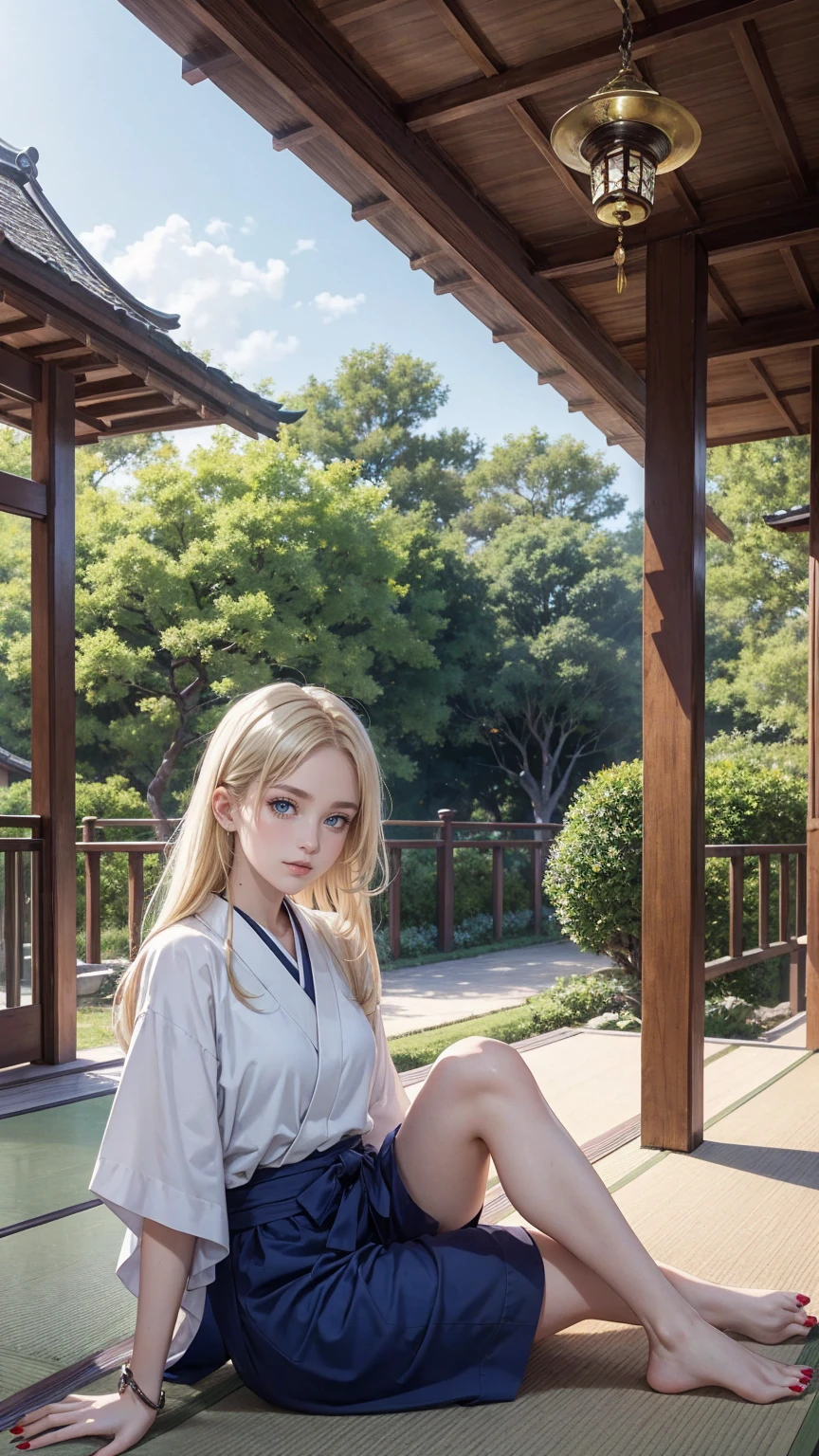 ((最high quality, 8K, masterpiece: 1.3, Ultra HD, high quality, 最high quality, High resolution, realism)) 、22 year old beautiful white woman、Hair color blonde、blue eyeedium hair、straight hair、smile、Slender but well-proportioned muscular body、Athlete-like body type、I don't want my head to disappear from the screen.、Wearing accessories on your wrist、Wearing red nail polish、I have a peticure、Sitting on the veranda of a Japanese house in the Japanese countryside、It's summer、A wind chime is hung in front of the eaves.、barefoot、Fanning oneself、A courtyard spreads out in front of the verandah.、wear a yukata