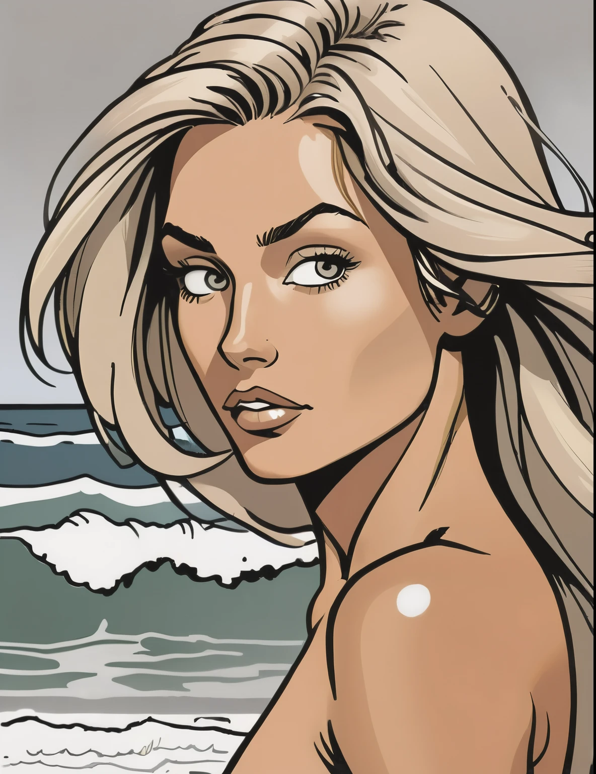((pen and ink drawing:1.4)),newspaper comic strip style:1.1Flat colors, close up, portrait of a 25 year old surfer looking girl, tan skin, beach blonde salty hair, natural beaty, beautiful, casual, top-less, exposed small breasts,
simply grey background
