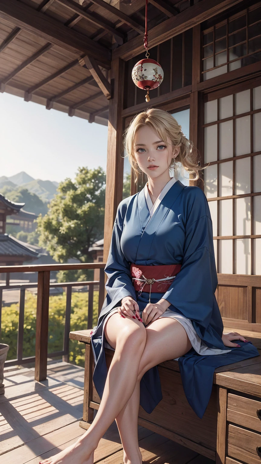 ((最high quality, 8K, masterpiece: 1.3, Ultra HD, high quality, 最high quality, High resolution, realism)) 、22 year old beautiful white woman、Hair color blonde、blue eyeedium hair、straight hair、smile、Slender but well-proportioned muscular body、Athlete-like body type、I don&#39;t want my head to disappear from the screen.、Wearing accessories on your wrist、Wearing red nail polish、I have a peticure、Sitting on the veranda of a Japanese house in the Japanese countryside、It&#39;s summer、A wind chime is hung in front of the eaves.、barefoot、Fanning oneself、A courtyard spreads out in front of the verandah.、wear a yukata